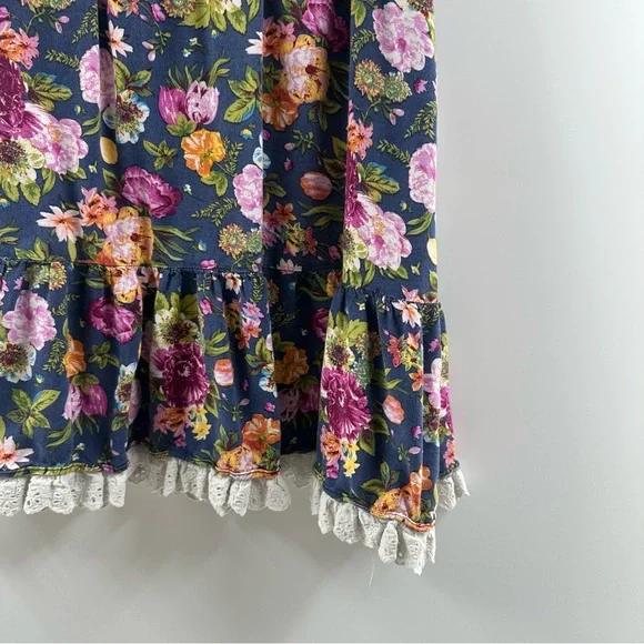 Y2K Forever 21 Navy Floral Knee Length Skirt Lace Hem Women’s Size Large - Picture 3 of 5